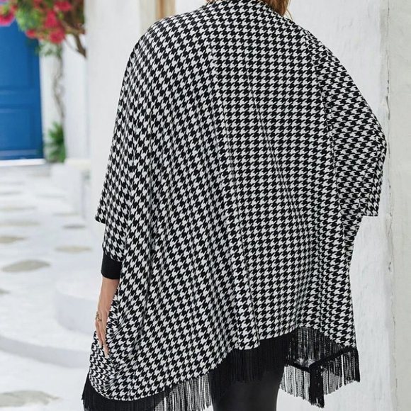 Plus Size black white Houndstooth Fringe Trim Cape Wrap jacket Coat - Picture 4 of 5